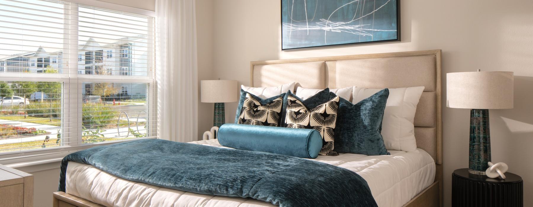 a bedroom with a bed and lamps