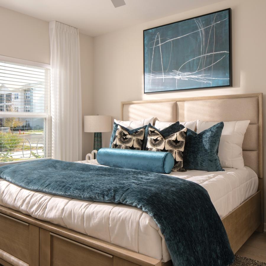a bedroom with a bed and lamps